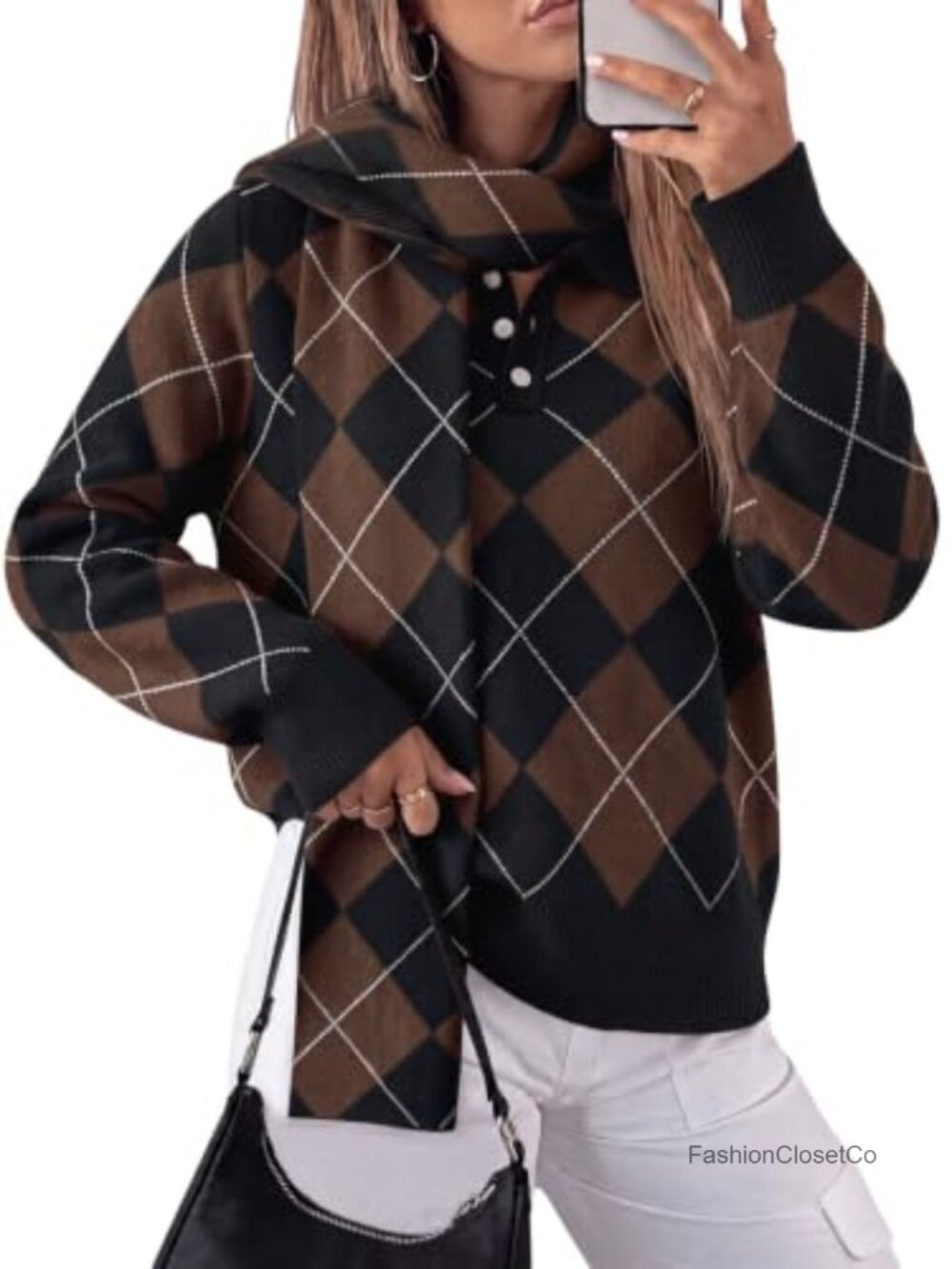 Argyle Color Block Polo Sweater Pullover with Scarf Long Sleeve Knit Top